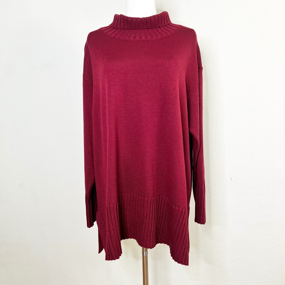 Eileen Fisher Extra Fine Merino Wool Mock Neck Tunic Sweater Burgundy XL Italian